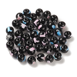 Black Printed Wood European Beads, Large Hole Beads, Round, Black, 16~16.5x14mm, Hole: 4.5mm
