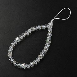 Clear Rondelle Glass & Polymer Clay Rhinestone Beads Phone Hand Strap Chains, Mobile Accessories Decoration, Clear, 17cm