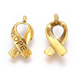 Antique Golden Breast Cancer Awareness Ribbon Carved Word Hope Tibetan Style Alloy Message Pendants, Cadmium Free & Nickel Free & Lead Free, Antique Golden, 17x8x3mm, Hole: 2mm