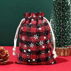 Red Christmas Themed Burlap Drawstring Bags, Rectangle Tartan Pouches for Christmas Party Supplies, Red, 14x10cm
