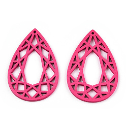 Hot Pink Hollow Wood Pendants, Dyed, Laser Cut Wood Shapes, Teardrop Charms, Hot Pink, 50x33.5x2.5mm, Hole: 1.5mm