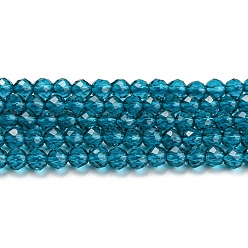 Dark Cyan Transparent Glass Beads Strands, Faceted, Round, Dark Cyan, 3mm, Hole: 0.8mm, about 127~139pcs/strand, 14.09~14.53 inch(35.8~36.9cm)