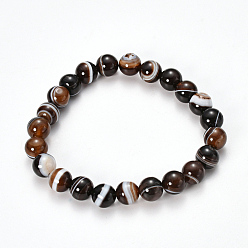 Coconut Brown Natural Striped Agate/Banded Agate Beaded Stretch Bracelets, Dyed, Round, Coconut Brown, 2-1/8 inch(55mm)