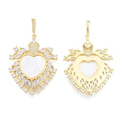 Creamy White Brass Micro Pave Clear Cubic Zirconia Big Pendants, with Shell, Nickel Free, Real 18K Gold Plated, Tortoise with Heart & Saint, Creamy White, 52x40x6mm, Hole: 4x8mm