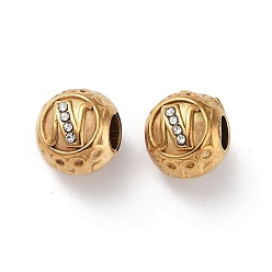 Letter N 304 Stainless Steel Rhinestone European Beads, Round Large Hole Beads, Real 18K Gold Plated, Round with Letter, Letter N, 11x10mm, Hole: 4mm