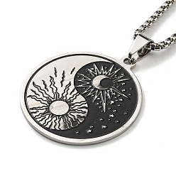 Stainless Steel Color 304 Stainless Steel Enamel Yin Yang with Sun & Moon Pendant Necklaces, Box Chains Necklaces for Women Men, Stainless Steel Color, 23.46 inch(59.6cm)