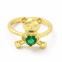 Dark Green Glass Bear with Heart Open Cuff Ring, Golden Brass Jewelry for Women, Dark Green, Inner Diameter: 17mm