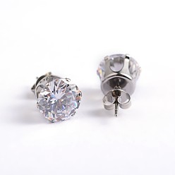 Clear Flat Round 304 Stainless Steel Cubic Zirconia Stud Earrings, Clear, 10mm, Pin: 0.9mm