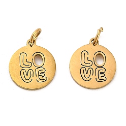 Letter 304 Stainless Steel Charms, with Jump Ring, Flat Round Charm, Laser Cut, Golden, Letter, 13.5x11.5x1mm, Hole: 3.4mm