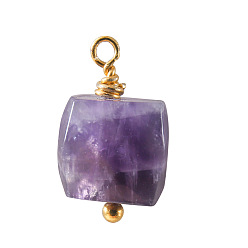 Amethyst Natural Amethyst Square Charms, with Golden Tone Copper Wire Loops, 15mm