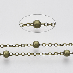 Antique Bronze Brass Coated Iron Cable Chains, Satellite Chains, with Brass Round Beads, Soldered, with Spool, Flat Oval, Antique Bronze, 2.2x1.7x0.7mm, about 39.37 Feet(12m)/roll