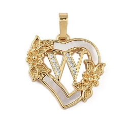 Letter W Латунь микропаве фианиты с подвесками-ракушками, Сердце и письмо, долговечный, без свинца и без кадмия, стойки покрытие, Буква W, 20x20.5x3 мм, отверстие : 3.5x5 мм