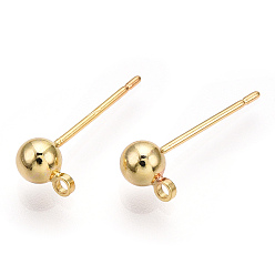 Real 18K Gold Plated Brass Stud Earring Findings, with Loop, Nickel Free, Real 18K Gold Plated, 15mm, Hole: 1.2mm, Ball: 4mm in diameter, Pin: 0.7mm