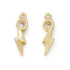 Clear Brass Micro Pave Cubic Zirconia Pendants, Real 18K Gold Plated, Lightning, Clear, 13.5x4x2mm, Hole: 0.9mm