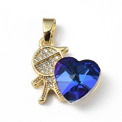 Medium Blue Real 18K Gold Plated Rack Plating Brass Micro Pave Clear Cubic Zirconia Pendants, with Glass, Long-Lasting Plated, Cadmium Free & Lead Free, Boy with Heart Charm, Medium Blue, 19.5x18x7.5mm, Hole: 5.5x3.5mm