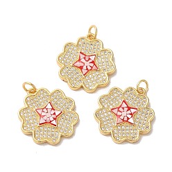 Красный Стойки обшивки латунь кубического циркония подвески, с эмалью и ракушкой, долговечный, без свинца и без кадмия, реальный 18 k позолоченный, с прыжковых колец, звезда, красные, 22x20x3 мм, отверстие : 3 мм