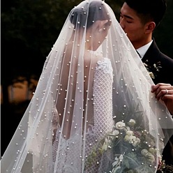 White Long Mesh Tulle Plastic Pearl Beaded Bridal Veils, for Women Wedding Party Decorations, White, 2000x1500mm
