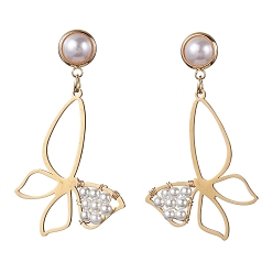 Golden Butterfly Shell Pearl Dangle Stud Earrings, Copper Wire Long Drop Earrings, Golden, 54x30.5mm