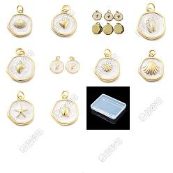 Mixed Shapes 10Pcs 10 Styles Ocean Brass Enamel Pendants, Flat Round Charms, with Jump Ring, Real 18K Gold Plated, Mixed Shapes, 16~18x14~15.5x3~3.5mm, Hole: 3mm, 1pc/style