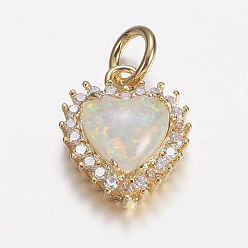 White Brass Micro Pave Cubic Zirconia Charms, with Synthetic Opal, Heart, Golden, White, 14x11.5x5mm, Hole: 4mm