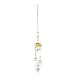 Golden Glass Teardrop Big Pendant Decorations, Hanging Suncatchers, with Octagon Glass Beads and Sun Brass Link, for Home Window Decoration, Golden, 405mm, pendant: 245x46x21mm