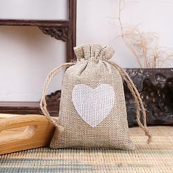 Dark Gray Linenette Drawstring Bags, Rectangle with Heart Pattern, Dark Gray, 14x10cm