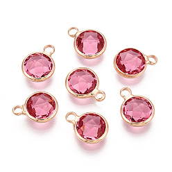 Ярко-Розовый Латунь стекло прелести золотой тон, плоско-круглые, граненые, ярко-розовый, 11~12x8.5~9x3.5~4 мм, отверстие : 1.8~2 мм