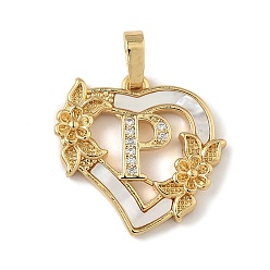 Letter P Латунь микропаве фианиты с подвесками-ракушками, Сердце и письмо, долговечный, без свинца и без кадмия, стойки покрытие, Письмо P, 20x20.5x3 мм, отверстие : 3.5x5 мм