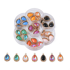 Mixed Color K9 Glass Pendants, with Light Gold Plated Brass Findings, Teardrop, Faceted, Mixed Color, 20x13x5mm, Hole: 1.8mm