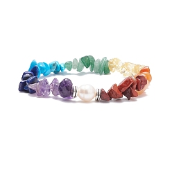 Platinum Mixed Gemstone Chips Beaded Stretch Bracelet with Natural Pearl, 7 Chakra Jewelry for Women, Platinum, Inner Diameter: 1-7/8 inch(4.8cm)