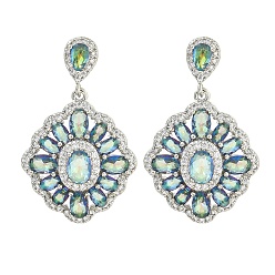 Средний Бирюзовый Латунь микро проложить кубический цирконий болтаться серьги стержня, цветок, платина, средне бирюзовый, 38.5x24.5 мм