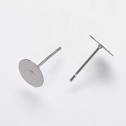 Stainless Steel Color 304 Stainless Steel Stud Earring Settings, Flat Pad Earring Post, Flat Round, Stainless Steel Color, Tray: 8mm, 12x8mm, Pin: 0.7mm