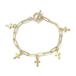 Cross Golden 304 Stainless Steel Charm Bracelets with Brass Paperclip Chains, Cross, 7-1/2~7-5/8 inch(19.2~19.3cm)