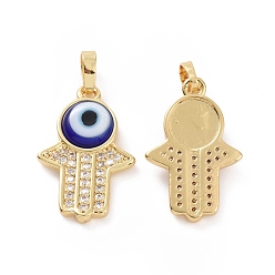 Blue Brass Micro Pave Cubic Zirconia Pendants, with Handmade Evil Eye Lampwork, Hamsa Hand Charm, Real 18K Gold Plated, Blue, 23x15x4mm, Hole: 4x6.5mm