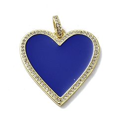 Blue Rack Plating Real 18K Gold Plated Brass Micro Pave Cubic Zirconia Pendants, with Enamel, Long-Lasting Plated, Lead Free & Cadmium Free, Heart, Blue, 31x30.5x2.5mm, Hole: 4.5x3mm