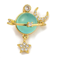 Голубой Латунные микро проложить кубического циркония подвески, cmолой, долговечный, золотые, планета, луна и звезда, голубой, 25x22x14 мм, отверстие : 4x2 мм