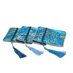 Light Sky Blue Floral Print Polyester Jewelry Storage Zipper Pouches, with Tassels, Square, Light Sky Blue, 12x12cm