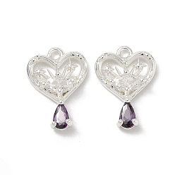 Фиолетовый Кулон из циркония, сердечко с подвесками в виде капель, 925 серебро покрытием, фиолетовые, 16x11.5x3.5 мм, отверстие : 1.5 мм