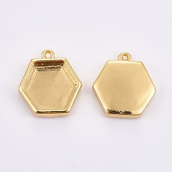 Golden Brass Pendant Cabochon Settings, Plain Edge Bezel Cups, Long-Lasting Plated, Hexagon, Golden, Tray: 10.5x11.5mm, 14.5x14x3mm, Hole: 0.8mm