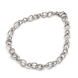 Stainless Steel Color Fashionable 304 Stainless Steel Side Twisted Chain Bracelets, with Lobster Claw Clasps, Stainless Steel Color, 7/8 inch(22cm)