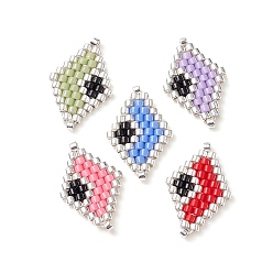 Mixed Color Handmade Loom Pattern Seed Beads, Rhombus with Evil Eye Charms, Mixed Color, 18x11.5x1.5mm, Hole: 0.8mm