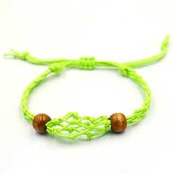 Lawn Green Adjustable Braided Cotton Cord Macrame Pouch Bracelet Making, Interchangeable Stone, with Wood Beads, Lawn Green, 900mm, Pouch: 40~45mm