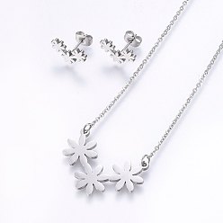 Stainless Steel Color 304 Stainless Steel Jewelry Sets, Stud Earrings and Pendant Necklaces, Flower, Stainless Steel Color, Necklace: 18.9 inch(48cm), Stud Earrings: 8.5x14x1.2mm, Pin: 0.8mm