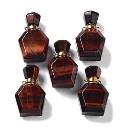 Tiger Eye Natural Tiger Eye Perfume Bottle Pendants, Polygon Essentail Oil Diffuser Faceted Bottle Charms with Golden Tone Stainless Steel Findings, for Jewelry Making, 33.5~35x21~21.5x12~14mm, Hole: 1.6mm