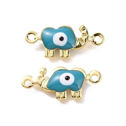 Steel Blue Brass Enamel Connector Charms, Real 18K Gold Plated, Elephant with Evil Eye Pattern, Steel Blue, 6x14.5x3mm, Hole: 1mm