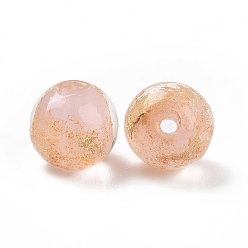 Pink Handmade Gold Foil Glass Beads, Round, Pink, 10x9~10mm, Hole: 1.6~2mm