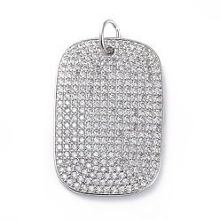 Platinum Brass Micro Pave Cubic Zirconia Pendants, with Jump Rings, Rectangle, Clear, Platinum, 36.5x25x2.5mm, Hole: 6mm