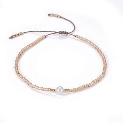 Wheat Adjustable Nylon Cord Braided Bead Bracelets, with Japanese Seed Beads and Pearl, Wheat, 2 inch~2-3/4 inch(5~7.1cm)