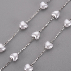 Stainless Steel Color Handmade ABS Plastic Imitation Pearl Beaded Chains, with 304 Stainless Steel Paperclip Chains, Drawn Elongated Cable Chains and Spool, Soldered, Heart, Stainless Steel Color, Link: 2.5x1x0.2mm, Heart: 6x6x4mm, about 65.61 Feet(20m)/roll
