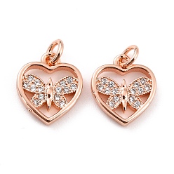 Розовое Золото Латунные микро проложить кубического циркония подвески, с прыжковых колец, долговечный, без кадмия и без свинца, сердце с бабочкой, Настоящее розовое золото покрыто, 11x10x1.5 мм, отверстие : 2.6 мм